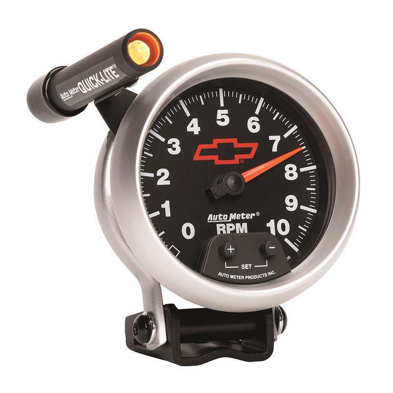 Autometer GM Red Bowtie Black 3-3/4in 0-10000 RPM Pedestal Mount Tachometer Quick-Lite