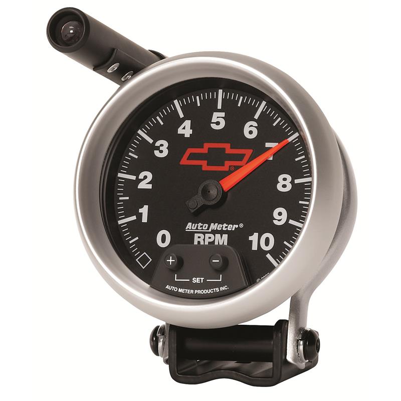 Autometer GM Red Bowtie Black 3-3/4in 0-10000 RPM Pedestal Mount Tachometer Quick-Lite