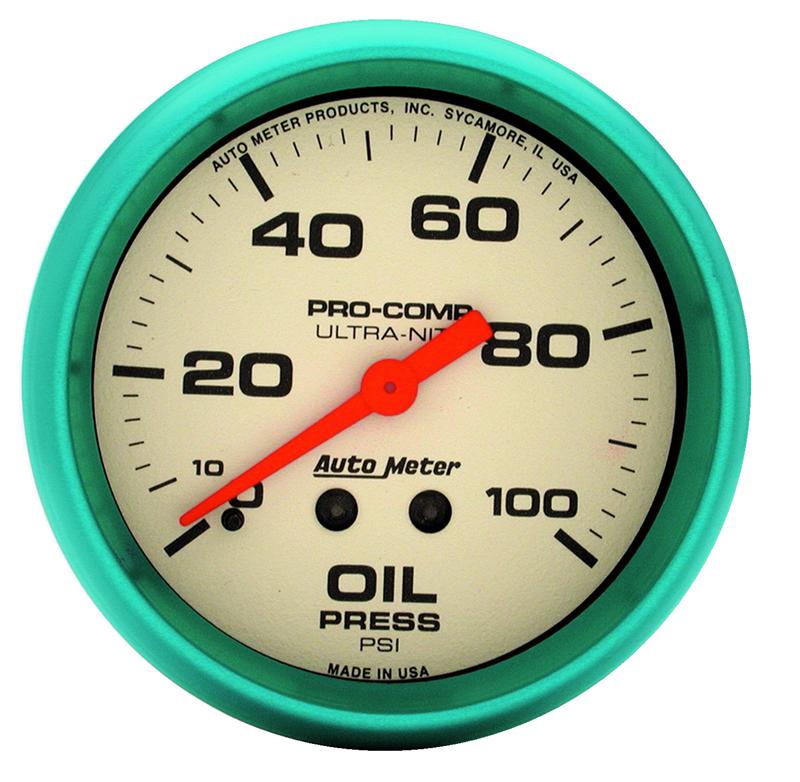 Autometer Ultra-Nite 2-5/8in 0-100 PSI Liquid Filled Mechanical Glow In Dark Oil Pressure Gauge