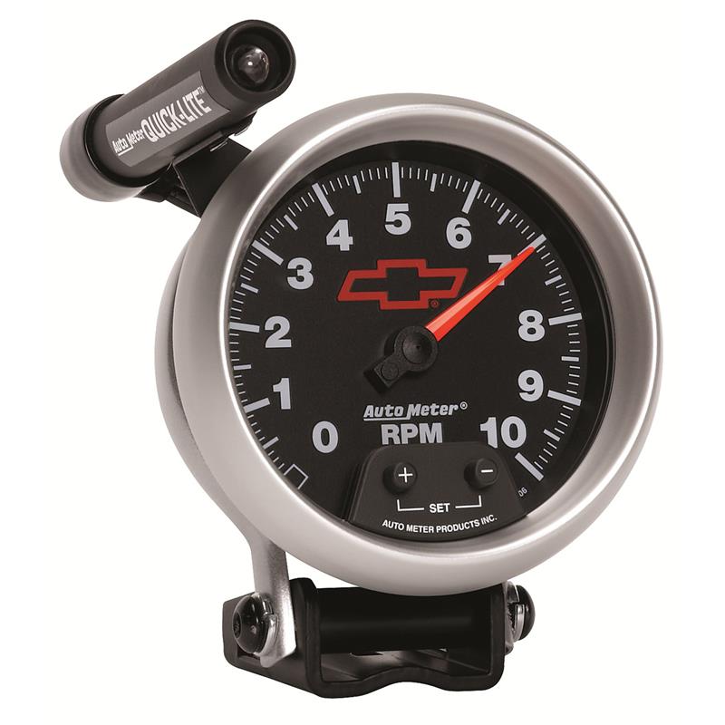 Autometer GM Red Bowtie Black 3-3/4in 0-10000 RPM Pedestal Mount Tachometer Quick-Lite
